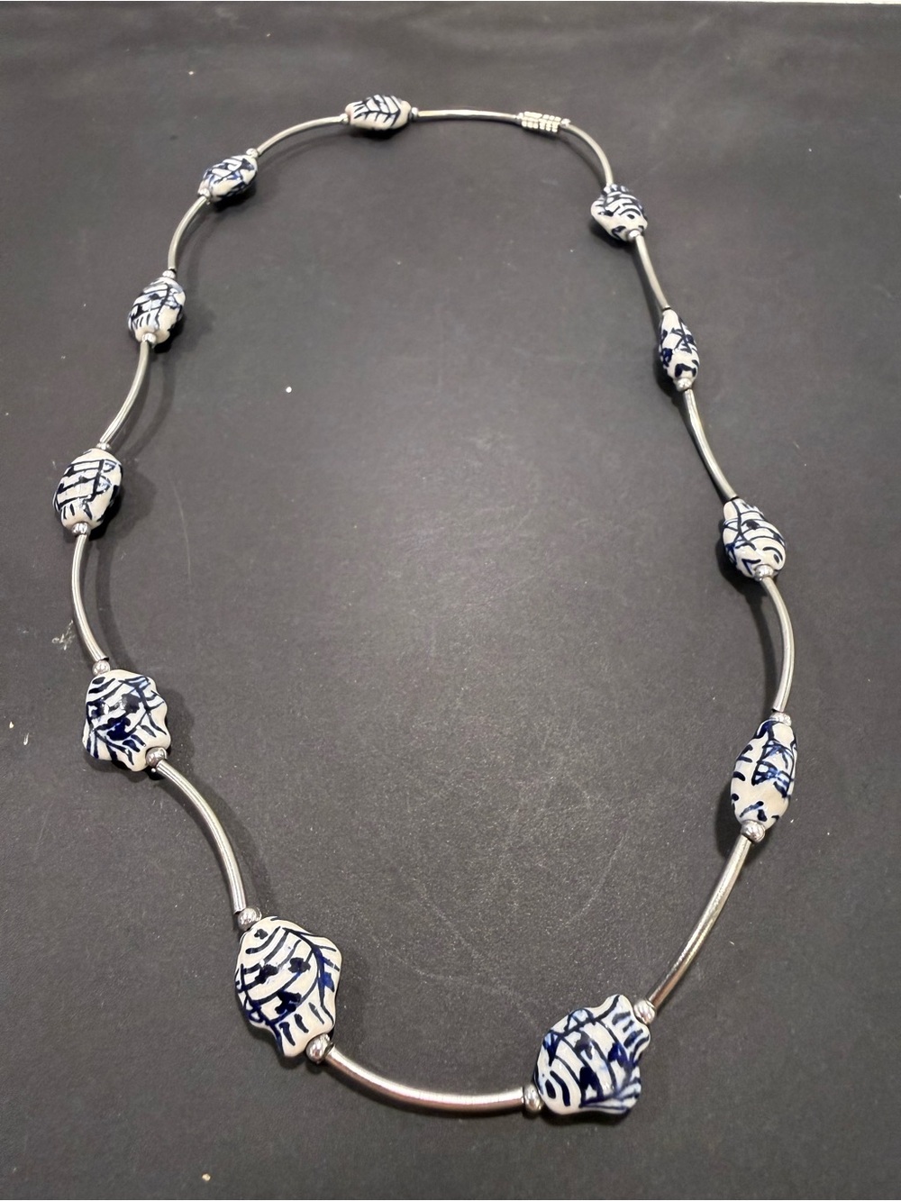VTG Blue White Porcelain Fish Bead Necklace Silver Tone Metal Chain Barrel Clasp